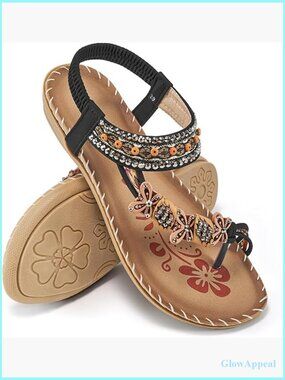 Boho Beaded Toe Ring Flat Sandals - Comfort Slip On Gladiator Walk Shoes